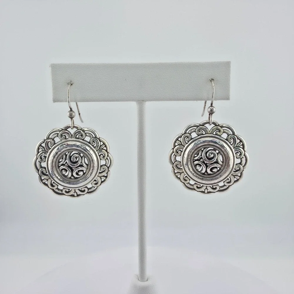 BRIGHTON 'Woodstock Moonflower' Earrings Ornate Scrollwork Silver Plate 1.5